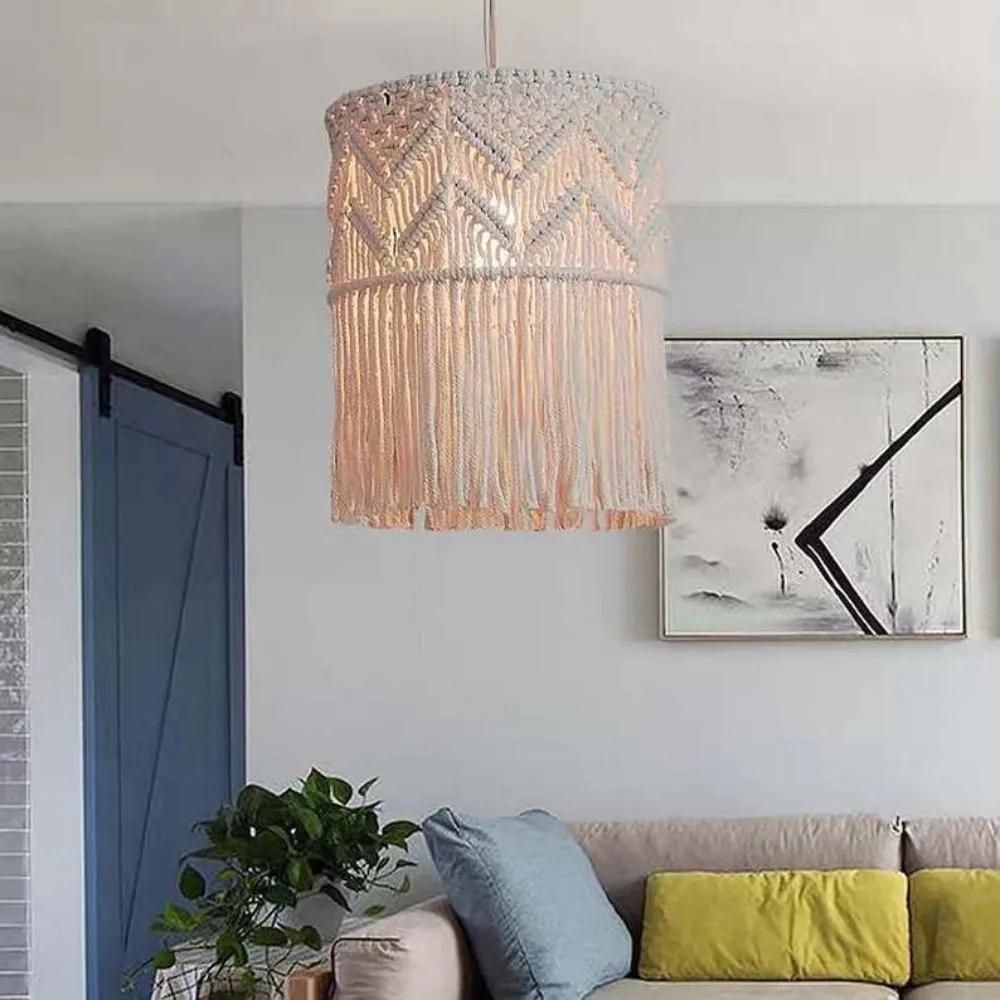 Handwoven Bohemian Tassel Lampshade Textured Weave Nordic Design Woven Tapestry Lampshade Vintage Look Hanging