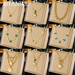 XIYANIKE 316L Stainless Steel Vintage Gold Color Beads Necklace Luxury Heart Droplet Butterfly Necklace for Women Jewelry Gifts