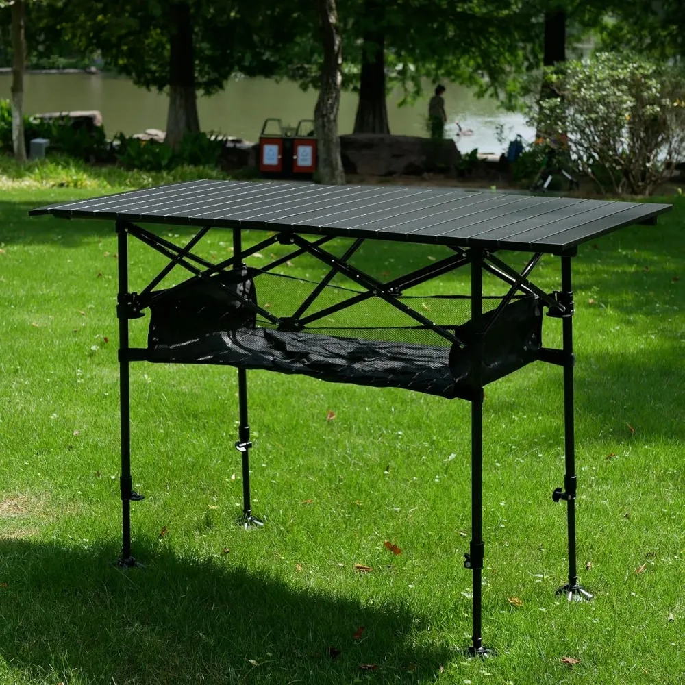 Adjustable Height Aluminum Camping Table Folding Portable Outdoor Table with Large Storage Organizer and Carrying Bags Big Foot