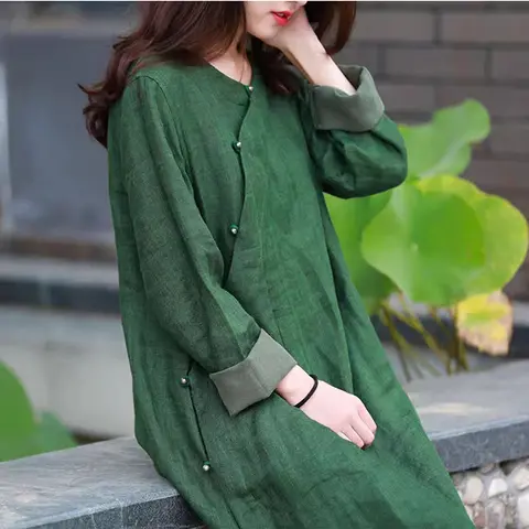Spring Autumn New Chinese Style Improved Qipao Women Long Dress Vintage Green Cotton Linen Loose Dresses Good Quality TJ56