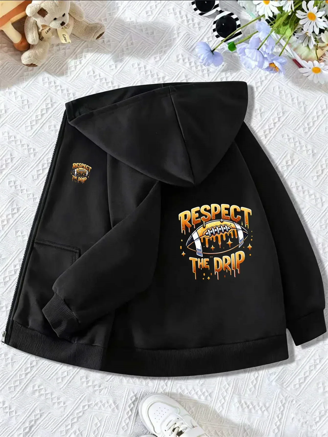 Boys Blue Full Zip Hooded Coat Trendy Melting Football Slogan Graphic Soft Long Sleeve Sports Daily Outerwear For Children