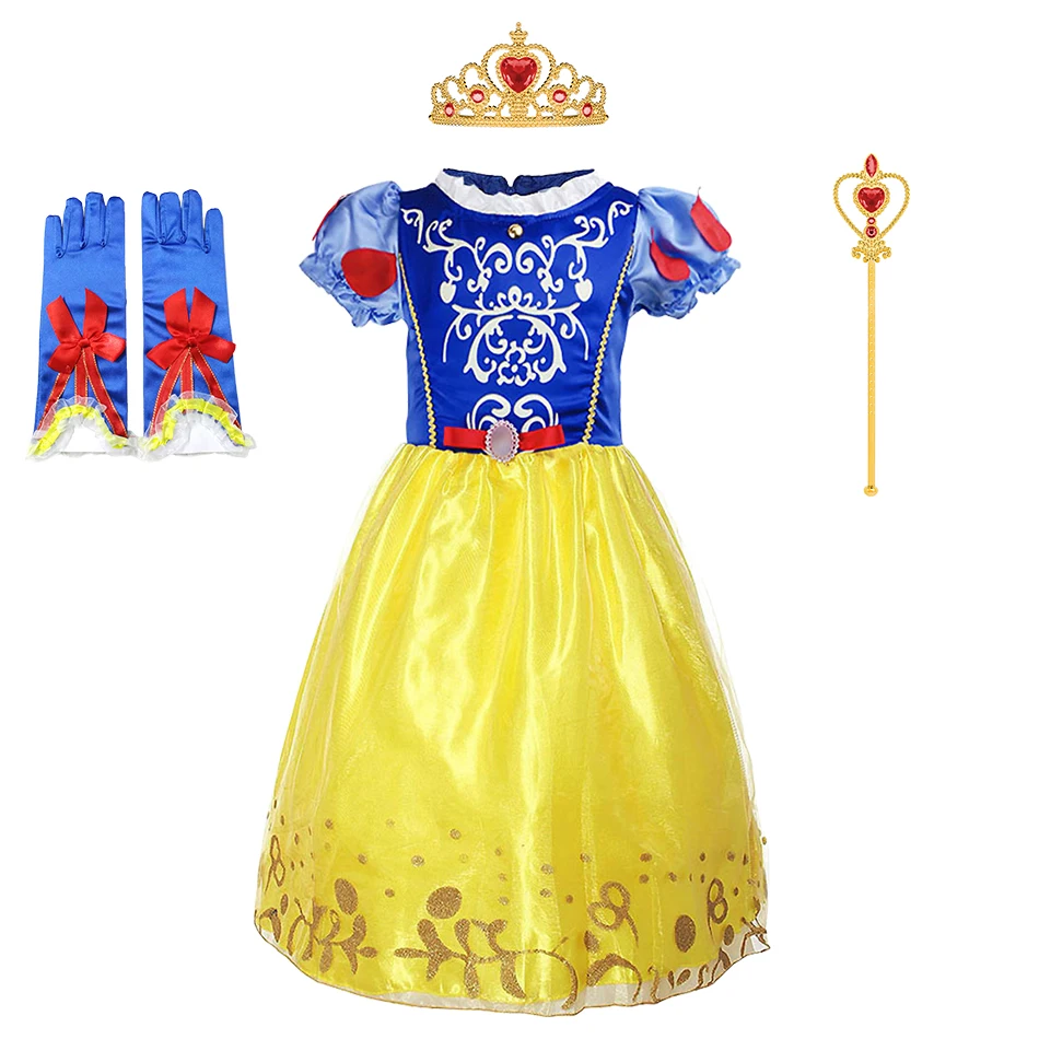 Children Snow White Long Cloak Ball Gown Little Girls Princess Metallic Sequin Pattern Layered Cosplay Dress Up with Accessories