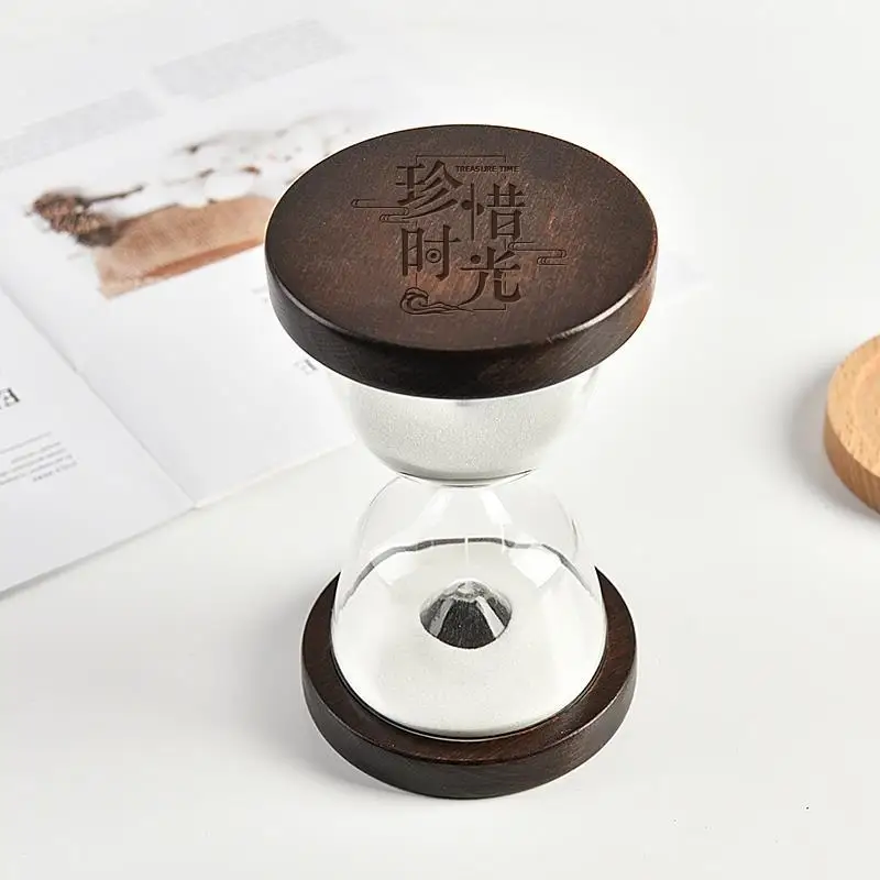 Vintage Dark Wood Base Glass Sand Hourglass, White Timer With Engraved Inspirational Words, Decorative Desktop Clock For Home