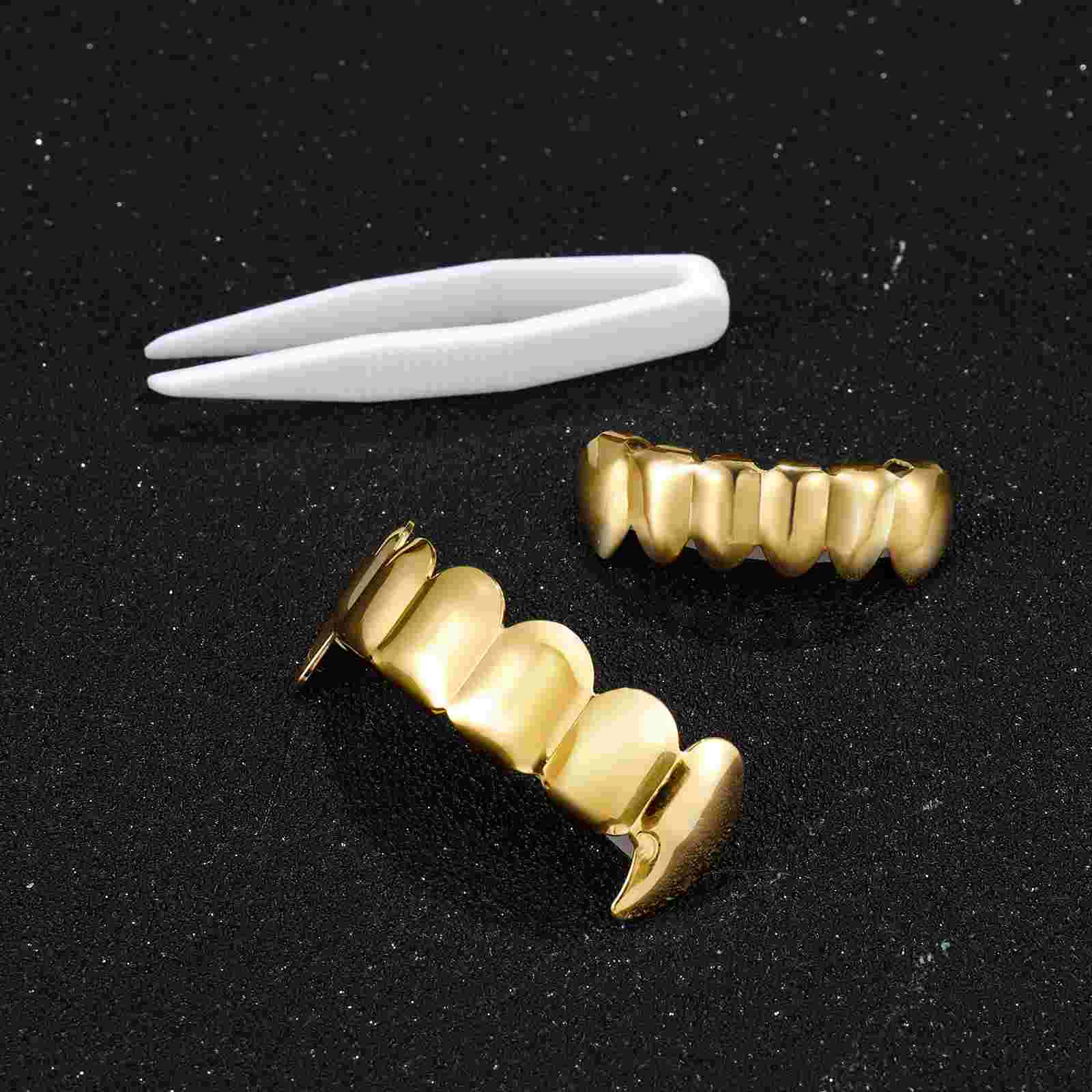 1 Set Hip Hop Style Teeth Plated Gold Polish Teeth Upper and Bottom Shiny Teeth for Cosplay Halloween Theme Party