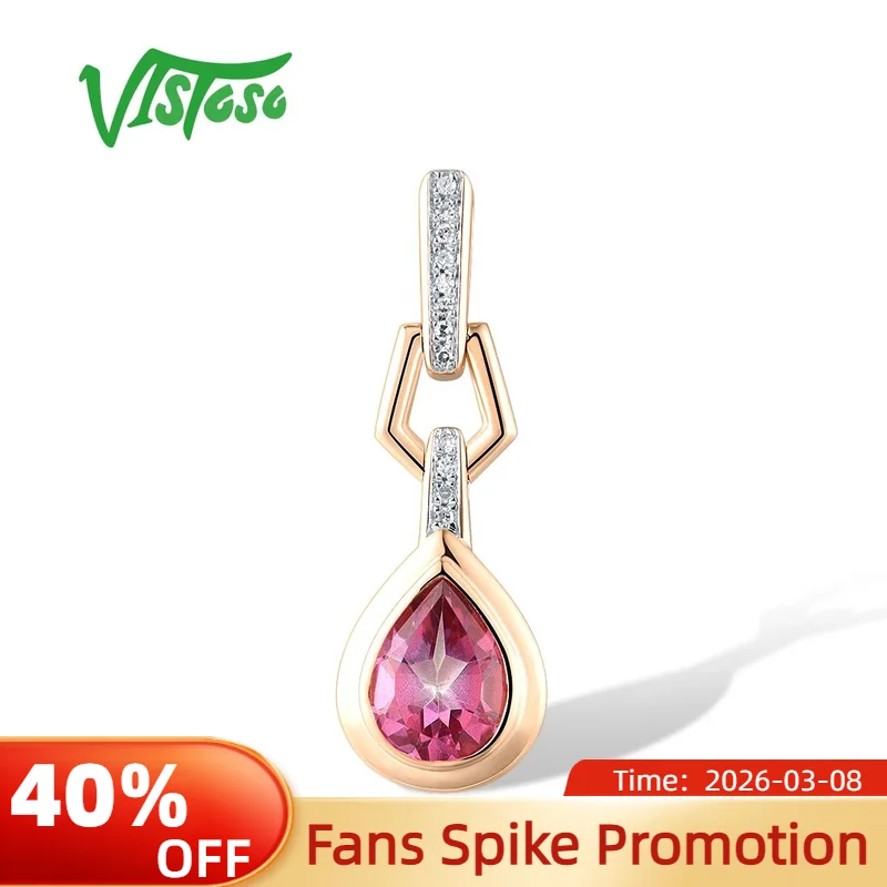 

VISTOSO Real 14K 585 Rose Gold Pendant For Women Sparkling Diamonds Glamorous Pink Topaz Pear Wedding Anniversary Fine Jewelry