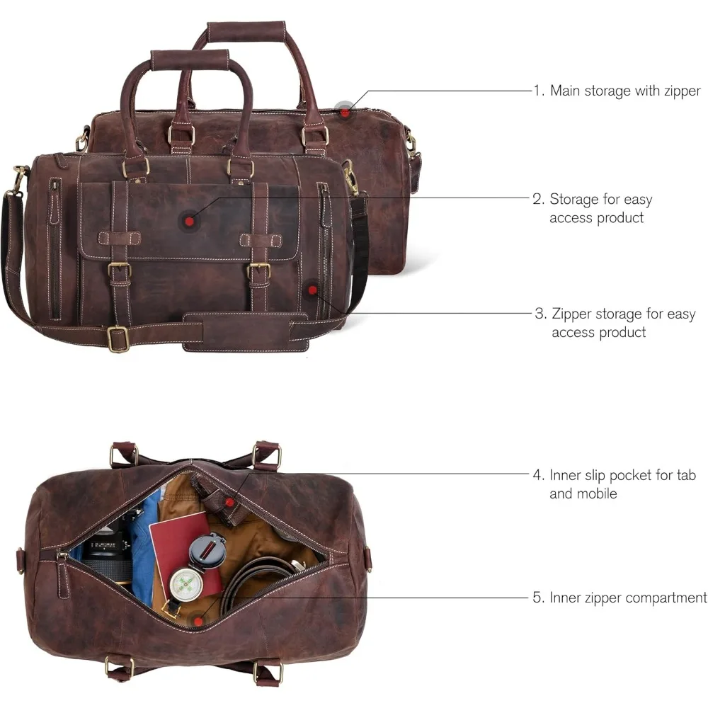 حقيبة دفل من الجلد الطبيعي للرجال - حقيبة سفر عتيقة لعطلة نهاية الأسبوع للحمل أثناء الليل واستخدام الصالة الرياضية
