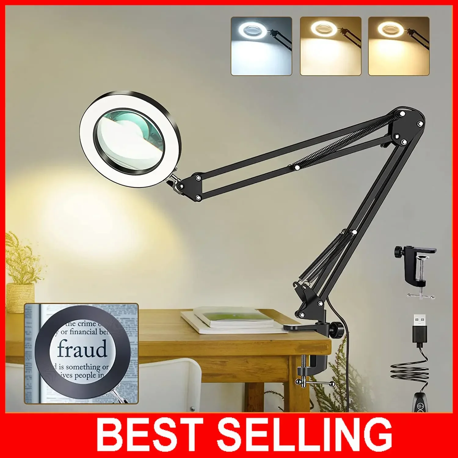 10X Magnifying Lamp Magnifying Glass with Light and Stand Magnifying Lamp Adjustable Swivel Arm LED Magnifier Desktop Lamp