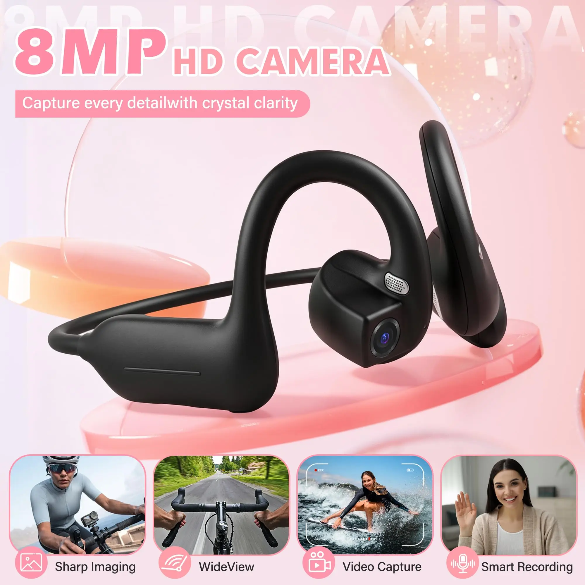 E12 Ear Hook Bone Conduction Headphones Open Ear Sports Earbuds with AI Translator HD Camera for Running Cycling Vlog Shooting