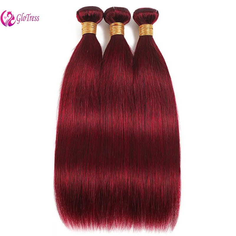 Bundel rambut manusia lurus Burgundy 8-26inci 100g/bundel ekstensi jalinan kain ganda warna Brasil 99j 3 bundel rambut manusia