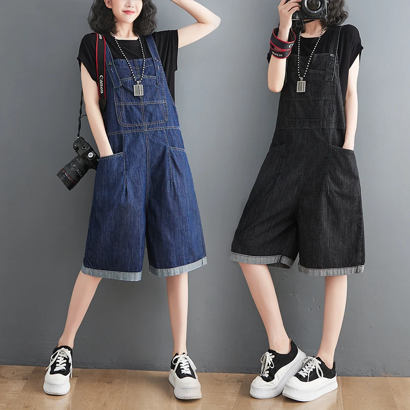 2022 Summer Jean Short Jumpsuits For Women Casual Streetwear Loose Wide Leg Shorts Denim Overalls Straps Rompers Bib Baggy Pants