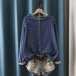 Dubbele Lagen 100% Katoenen Garen Blouse Lange Mouw Capuchon Vest Japan Stijl Single-Breasted Jas 2024 Lente Tops