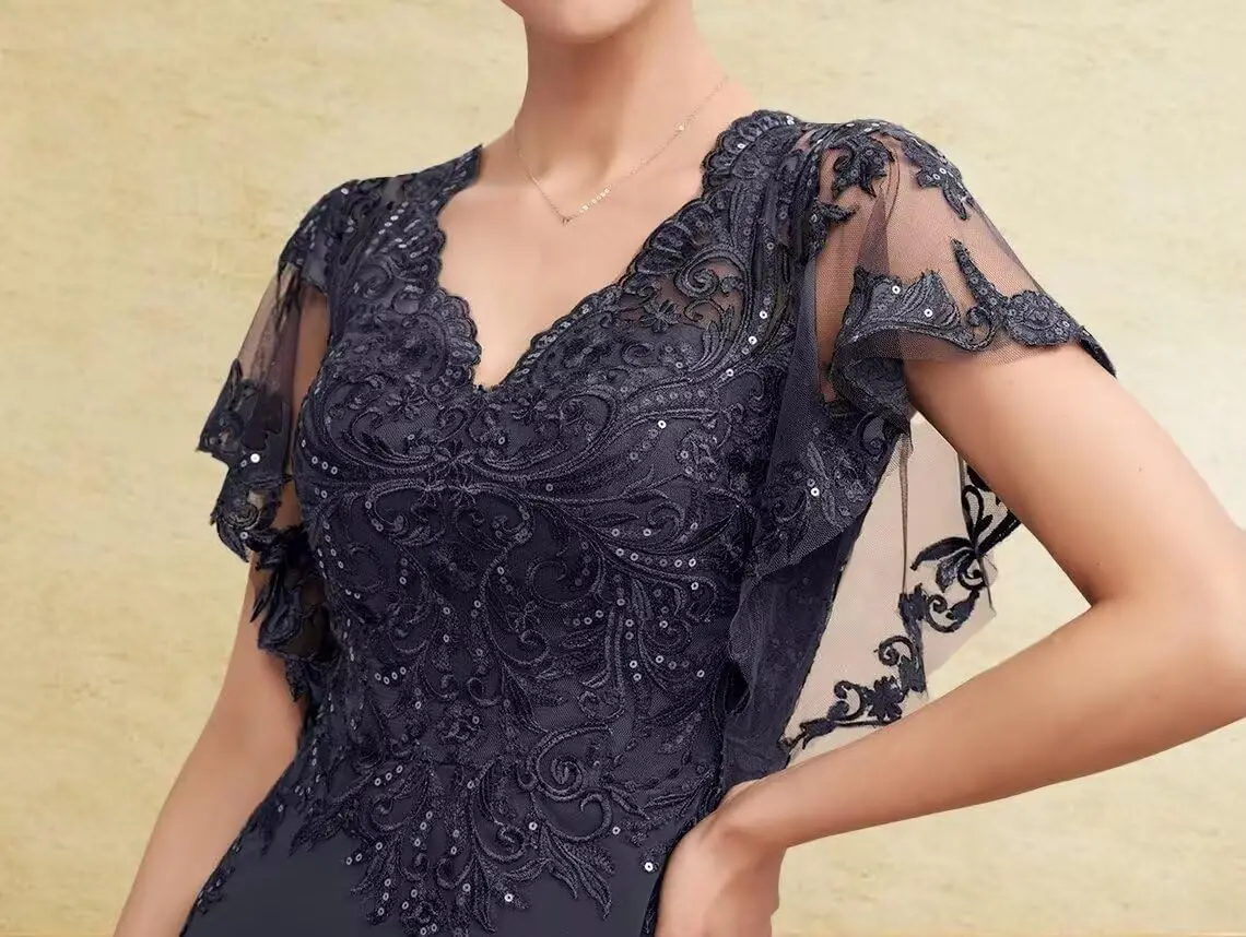 فستان شيفون مطوي بأكمام كشكشة للنساء ، فستان حفلة مسائية رسمي ، فساتين زفاف ، أم العروس ، زينة دانتيل