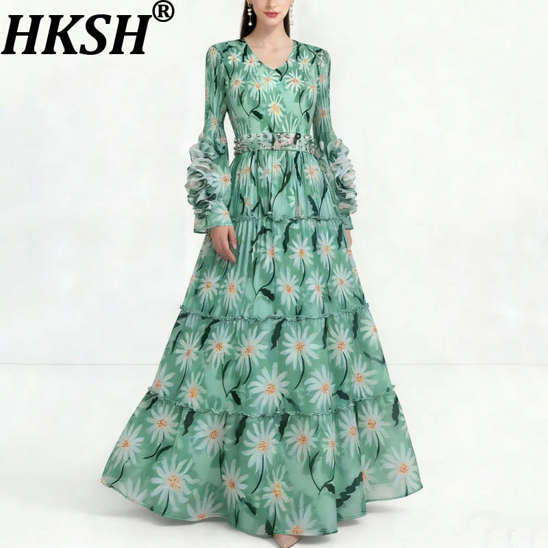

Новое элегантное женское платье HKSH с принтом, плиссированной талией, приталенное, с длинными рукавами, V-образным вырезом, А-силуэт, весна 2026, HK19140