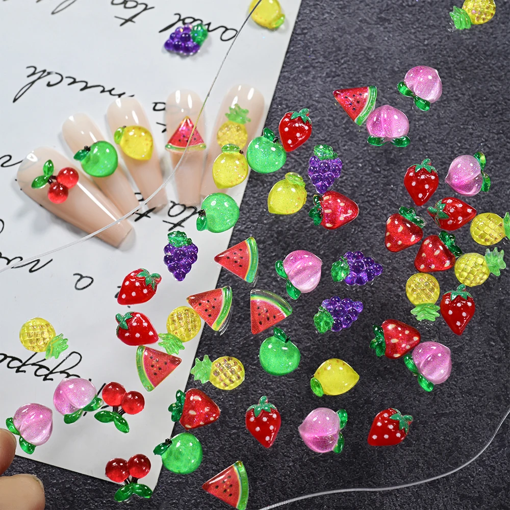 50 Stücke Sommer Gemischte Früchte Nail art Charms 3D Harz Kirsche Erdbeere Ananas Zitrone Pfirsich Strass DIY Handwerk Nagel Dekoration