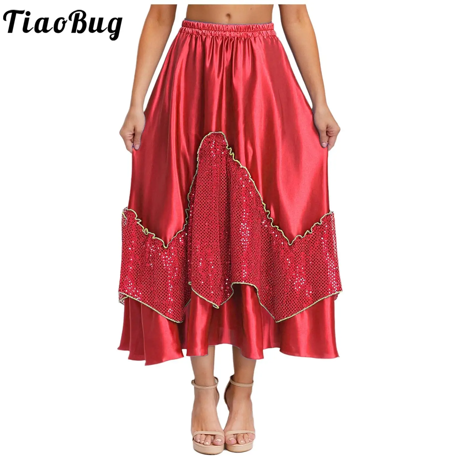 

Red Women Spanish Bull Dance Big Swing Skirts Glittery Sequin Patchwork Satiny Skirt for Flamenco Ballrooms Tango Dance Costume