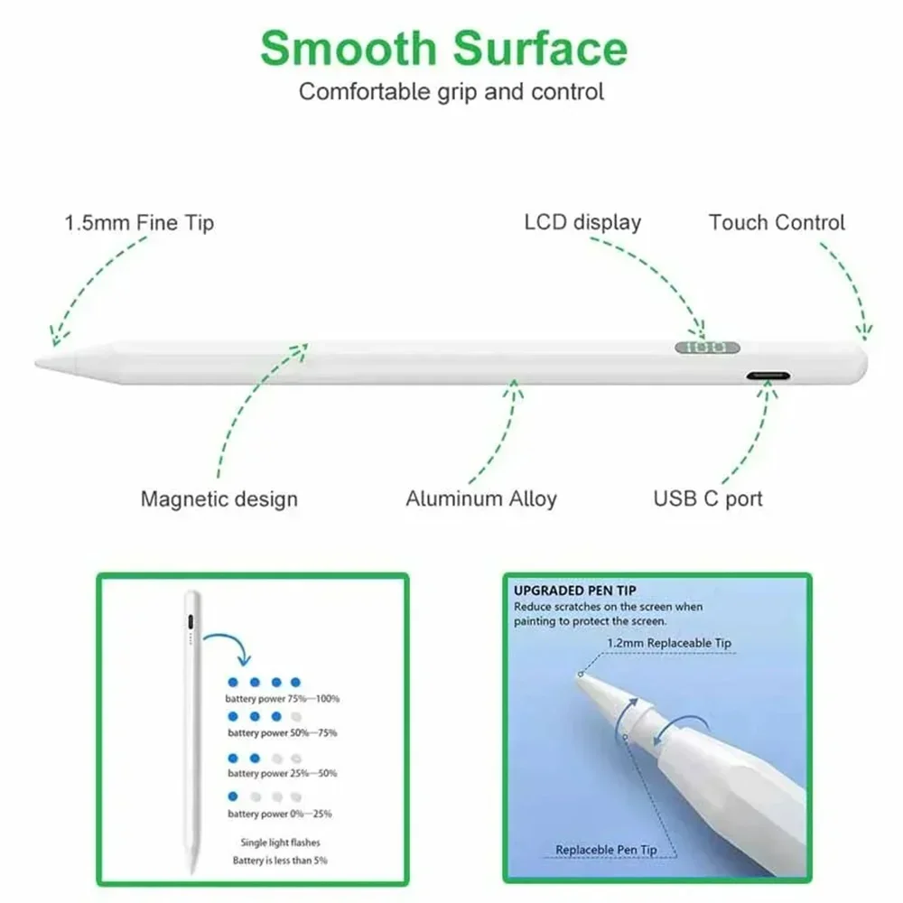 Universele styluspen Voor touchscreen stylus Voor iPad-pen Apple Pencil alle Android iOS-tablets telefoonpen met LED-voedingsdisplay