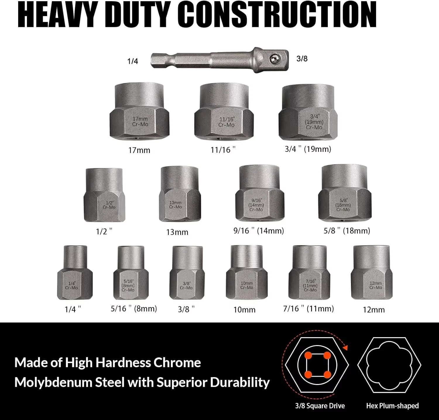 Nut Extractor 14PCS Set, Anti-Slip Anti-Theft Broken Hexagonal Bolt Nut Remover, Impact Socket Disassembly Tool
