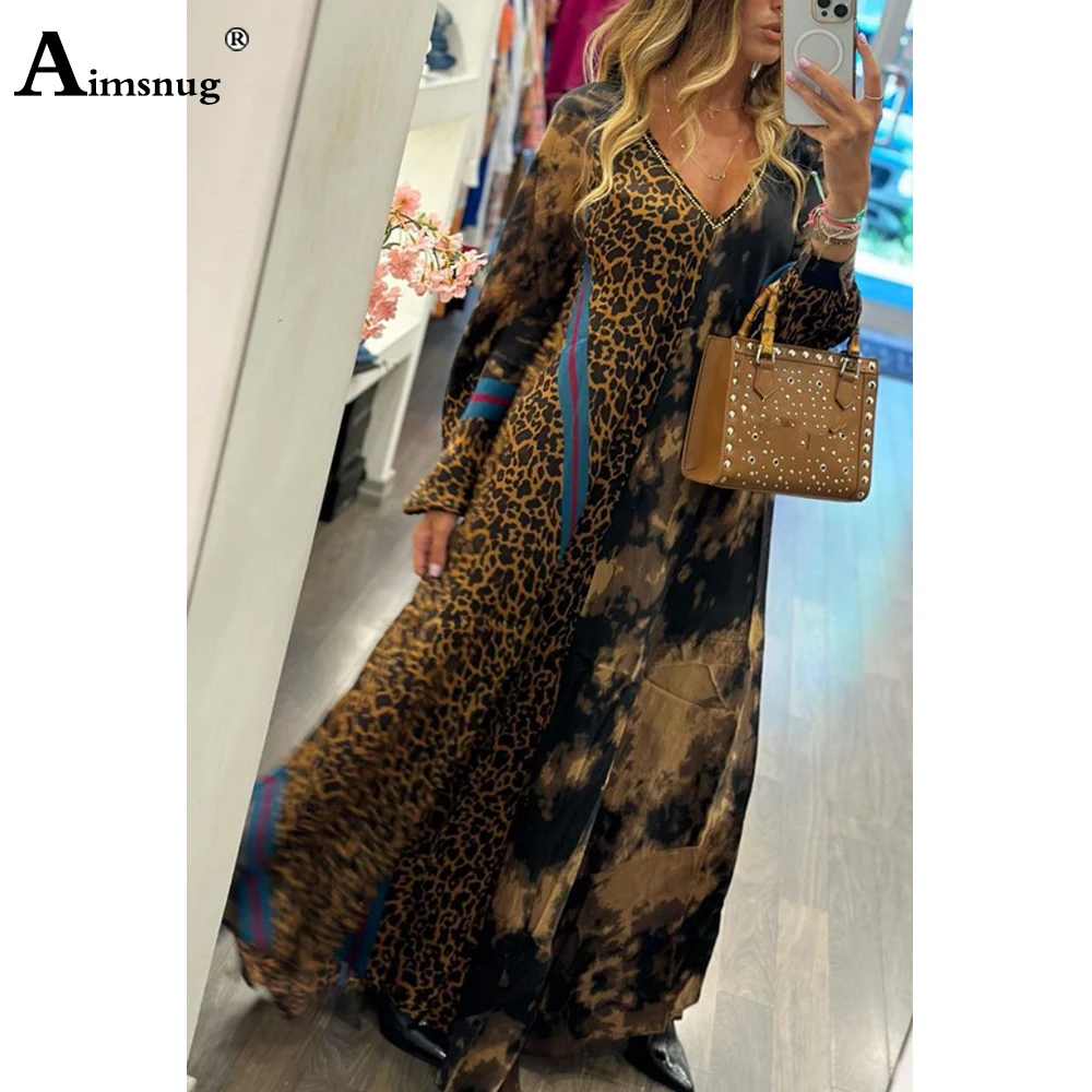 Women Long Sleeves Elegant Maxi Dress Womens Patchwork Leopard Party Dresses Loose Robe Female Long A-line Dress Clothing 2023