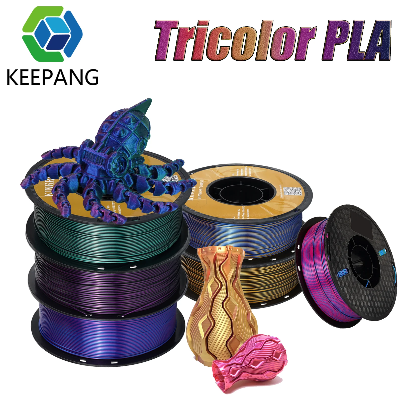 Silk PLA Multicolor Tricolor 1.75mm 1KG Spool(2.2lbs) Smooth Silky Glossy Finish Eco-Friendly Filament Fit Most FDM 3D Printers