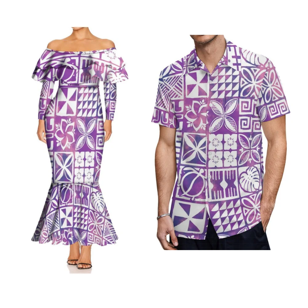 Verão polinésia padrão personalizado de um ombro dupla camada babados manga comprida vestido rabo de peixe fino de alta qualidade