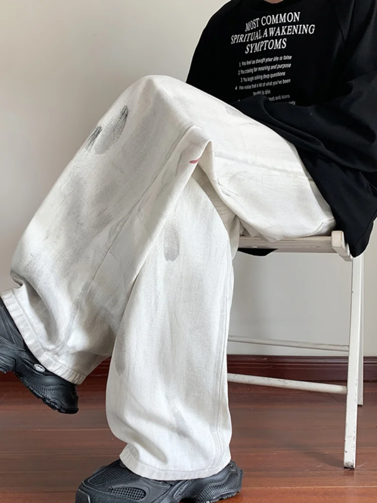 

American Sle Vintage Men's Straight Leg Jeans Dye Spattered Wear Resistant Loose Fit Autumn New Cleanfit Trendy Jeans