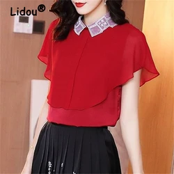 Women Summer Stylish Ruffles Lace Collar Blouses Korean Elegant Sweet Chic Short Sleeve Shirts Female Casual Loose Chiffon Tops