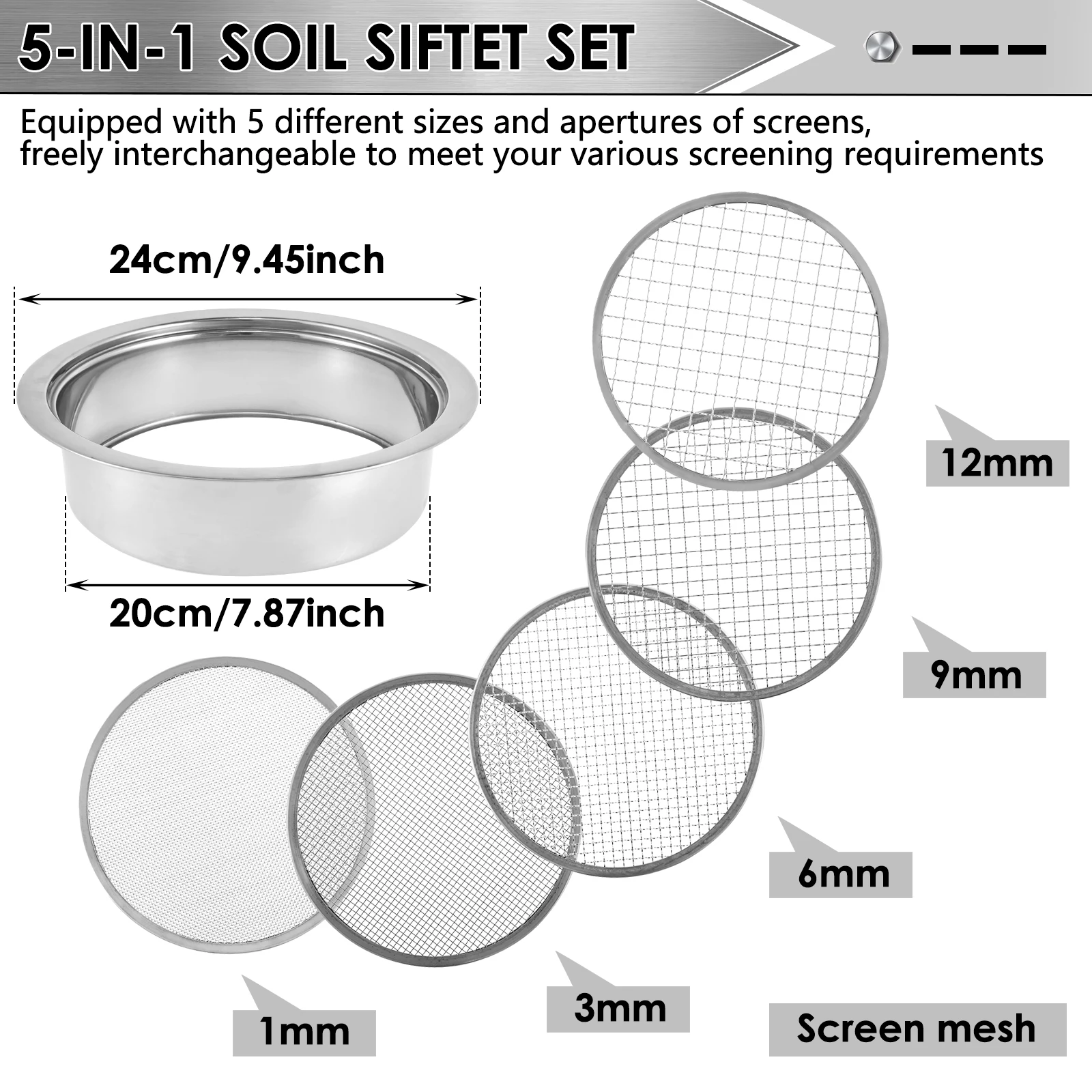 Stainless Steel Soil Sieve Interchangeable Meshes Set Multifunctional Garden Soil Filter with 9.45inch Diameter for Sand Rocks