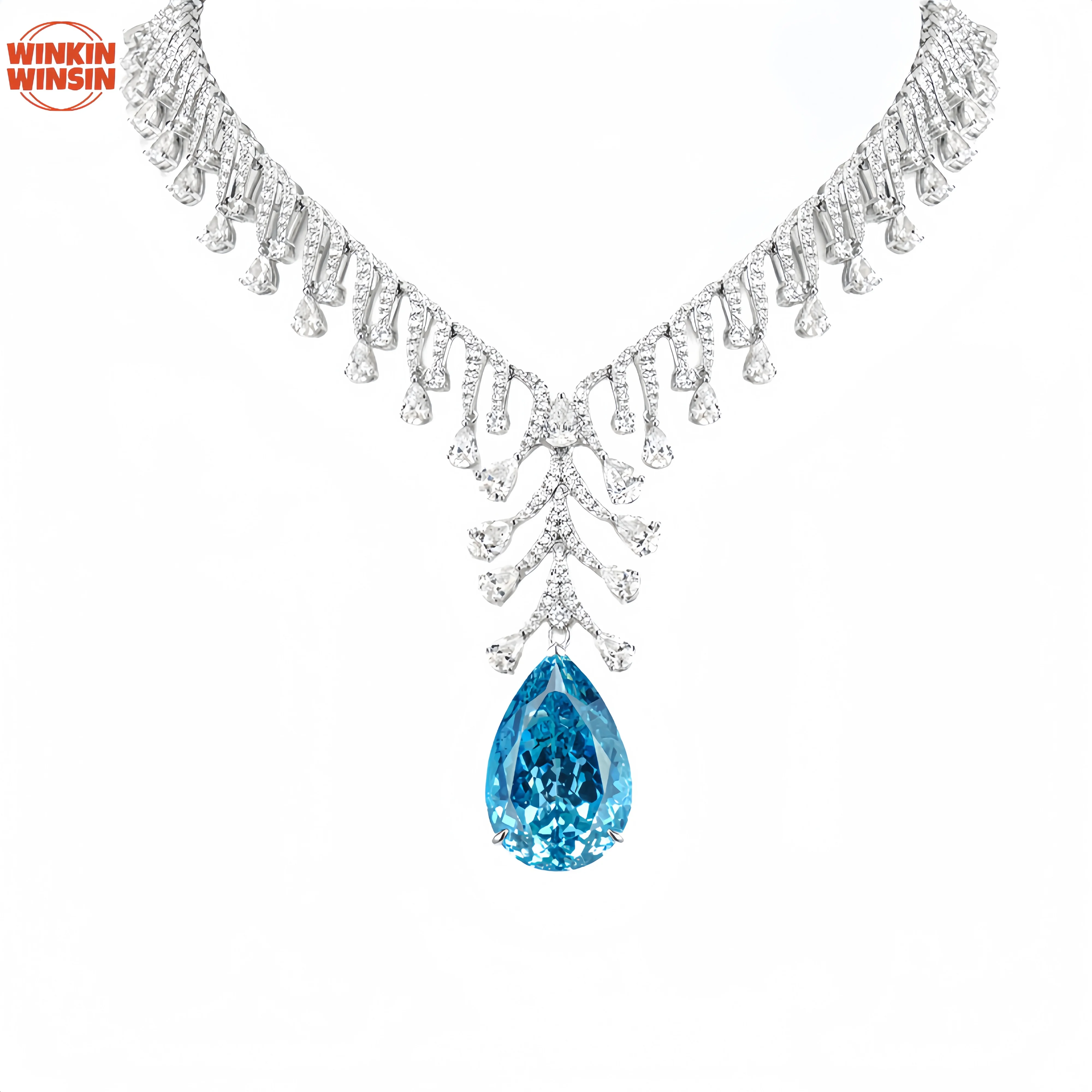 

Winkin Winsin Brand 925 Sterling Silver Necklace Gold Plated High Carbon Diamond Sea Blue Water Drop Luxury Jewelry Necklace