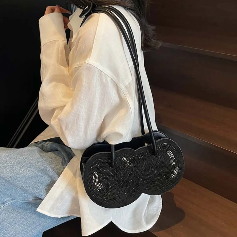 

Sweet Cherry Shape Underarm Bag Large Capacity Anti-splash Water Red Fruit Handbag Polyester Creative PU Rhinestone Bag Women