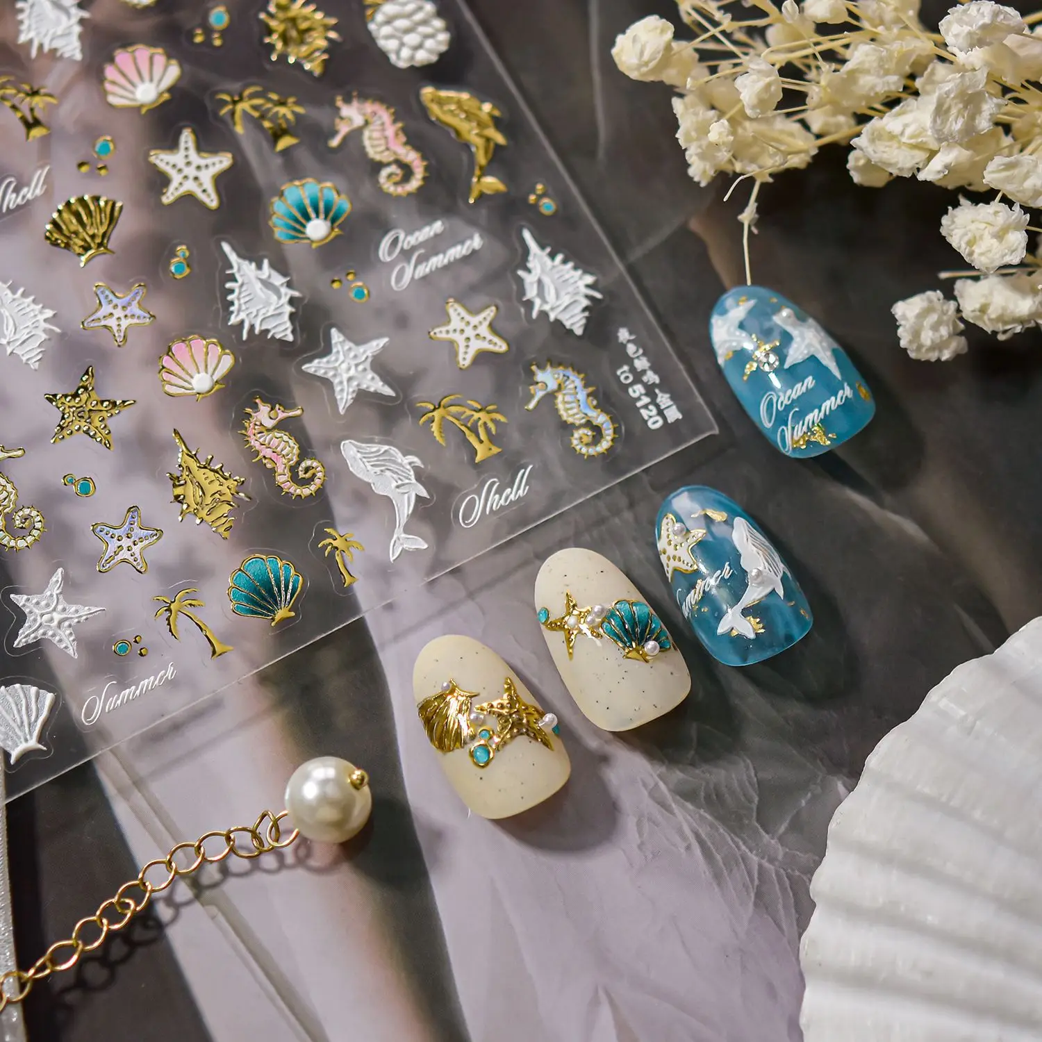 Pegatina de concha de perlas de lujo para uñas 5D, delfines de estrella de mar en relieve, piezas adhesivas para decoración de uñas, pegatinas para manicura DIY