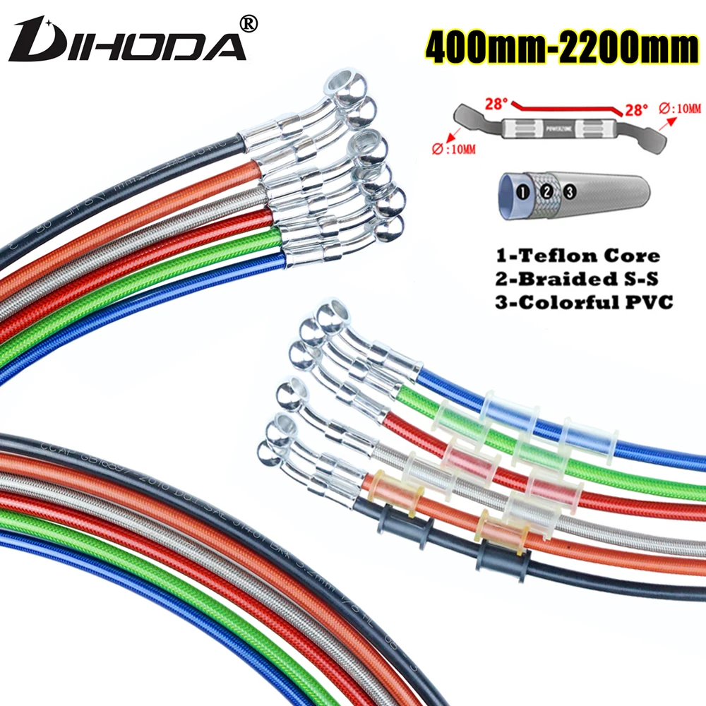 Universal 400mm - 2200mm Motorcycle Hydraulic Brake Hose Line Cable 28 degrees 10mm Banjo Pipe Line Braided oil hose