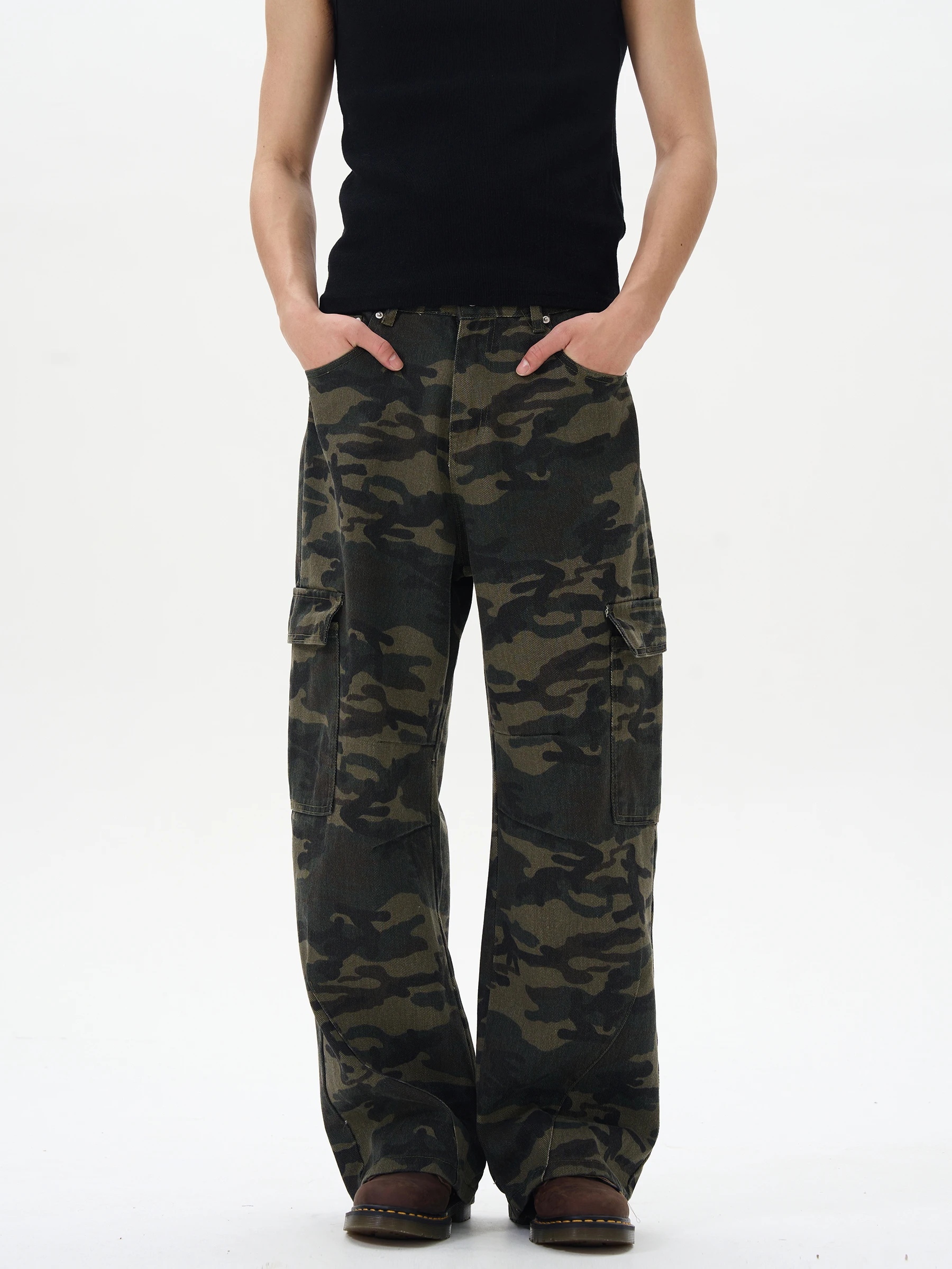 WLNEXT Loose Men's Camouflage Work Pants High Street Style Couple's Loose Fit Trousers Fashionable Casual Cargo Trousers