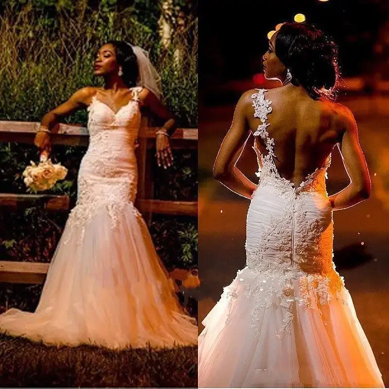 

Customized African Mermaid Wedding Dresses Spaghetti Lace Tulle Sweep Train Backless Zipper Sexy Wedding Gown Bridal Dress