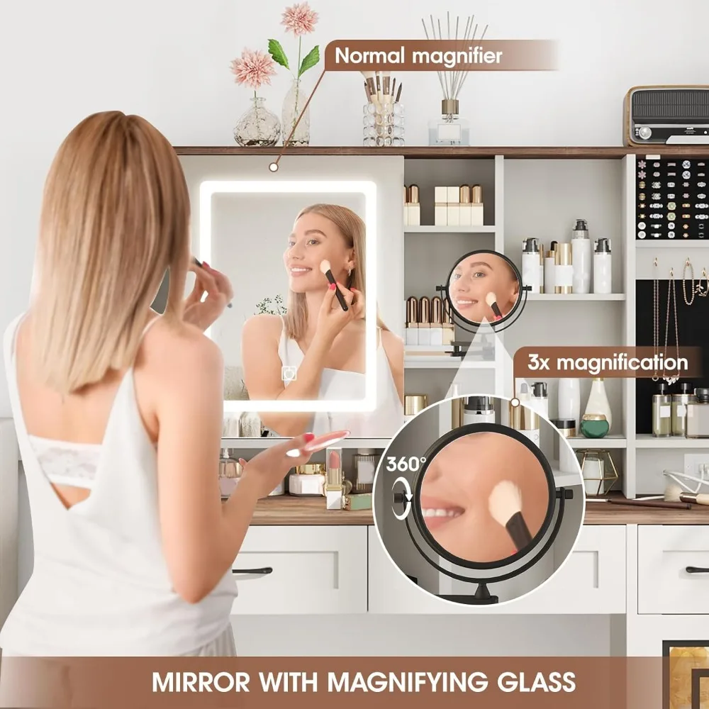 مكتب زينة مع مرآة وأضواء، طاولة مكياج مع أدراج وخزانة مجوهرات، زينة كبيرة مع مساحة تخزين، تزيين غرفة النوم #3