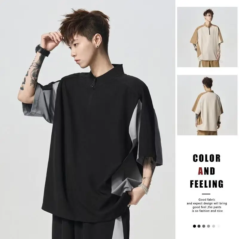 2025 جديد الرجال أسود رمادي اللون حظر تي شيرت الجبل نمط التجفيف السريع بدلة تدريب عصرية سستة طوق سترة رياضية علوية #3