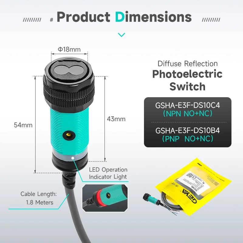 Sensor fotoeléctrico multitipo GEYA (10-500 cm) NPN/PNP DC10-30V IP66 para automatización industrial