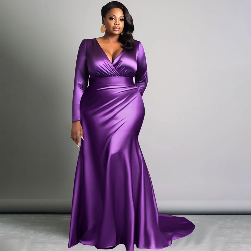 Abito da donna elegante taglie forti Solido scollo a V manica lunga vita alta abito da sera di lusso festa di nozze ospite abiti lunghi a coda di pesce
