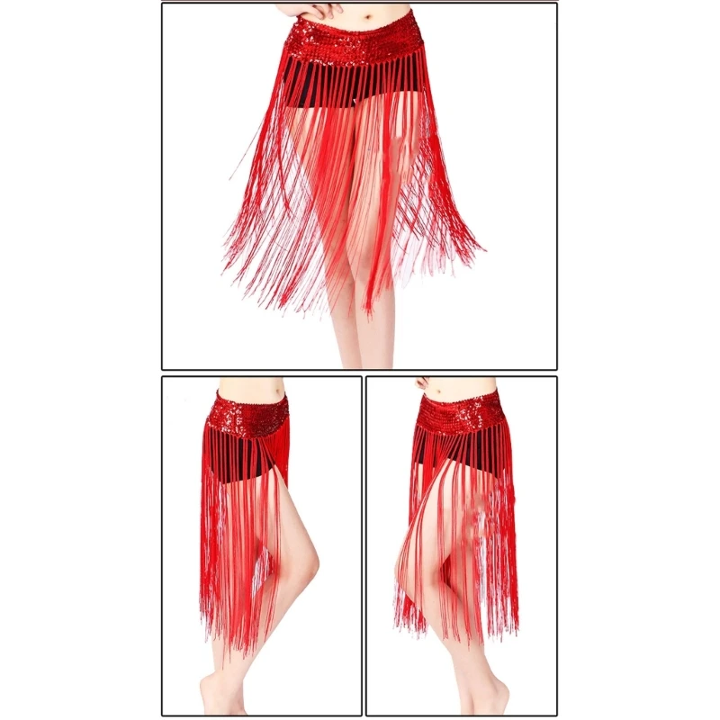 Womens Belly Dance Sequins Waist Chain Skirt Long Tassels Hip Scarf Dancewear