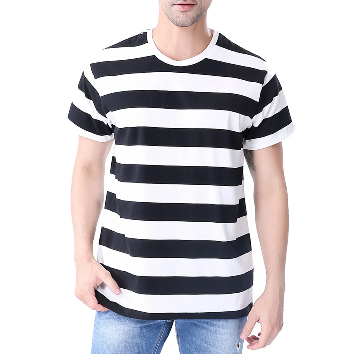 Black White Striped T-Shirt Men Basic Crewneck Short Sleeve Casual Daily Tops Halloween Costume Theme Party Tee Clothes