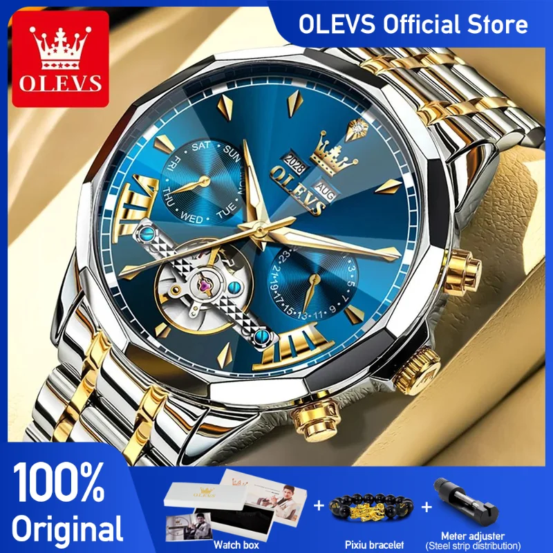 

OLEVS 6619 Mens Watch Original Brand Tourbillon Automatic Mechanical Watch Waterproof Watch For Men Dual Calendar Watch Gifts