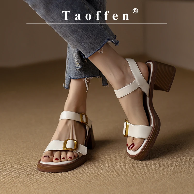 Brand Genuine Cow Leather Sandals Block Mid Heels Women Roma Sandals Square Toe Retro Buckle Sandals Ankle Strap 2023 Trend