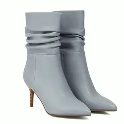 Yellow Light Blue Pleated Ankle Stiletto Short Botines Pointed Toe Slip-on Shoes Thin High Heels Women Winter Fashion Nude Boots