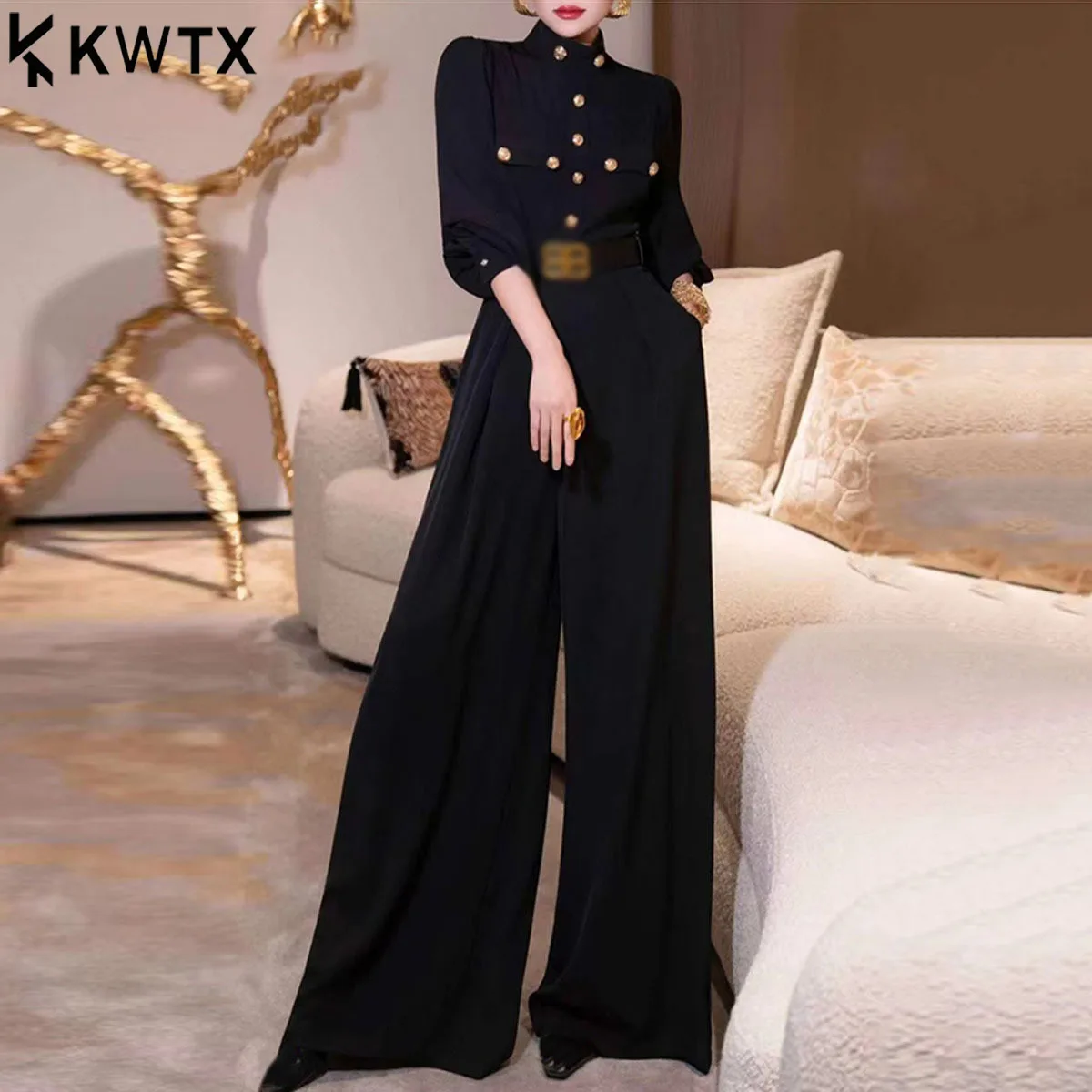 

KWTX женские утягивающие комбинезоны с пуговицами, темпераментные комбинезоны для женщин, комбинезон с круглым вырезом и длинными рукавами, лоскутный пояс, женский новый комбинезон