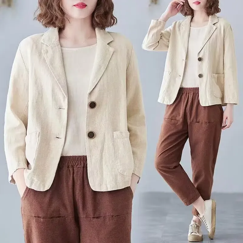 2025 NEW Summer Women Leisure Thin Blazer Jacket Korean Loose Solid Color Cotton Linen Small Suits Coat Female Casual Blazers