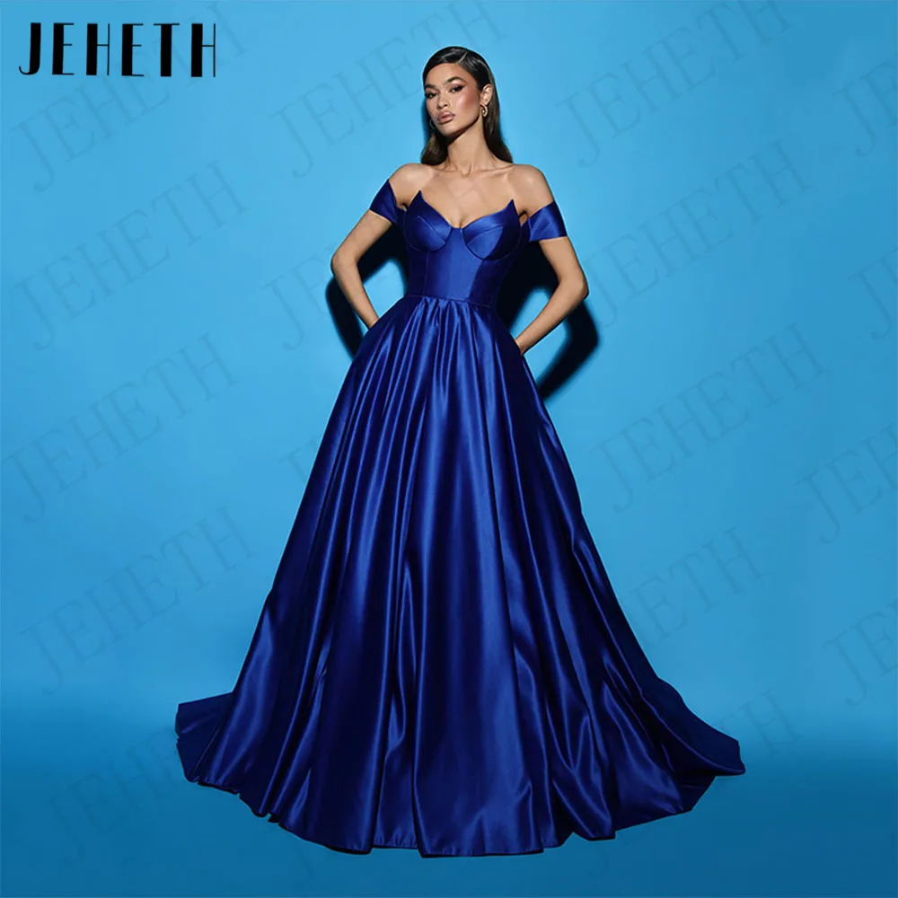 

JEHETH Royal Blue Satin Off Shoulder Evening Dress Formal A Line Prom Vestidos De Noche Sweetheart Party Floor Length Pockets