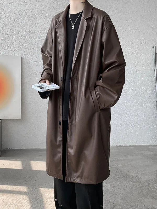 

Американское ретро k длинное пальто из искусственной кожи мужское осеннее ветрозащитное пальто длиной до колена большого размера Ele Quirky Coat Jaet