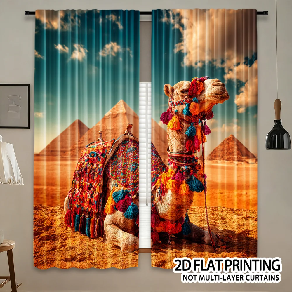 Egyptian Camel Curtains, Pyramid Desert Print Drapes, Boho Travel Theme Window Treatment for Living Room Bedroom Decor