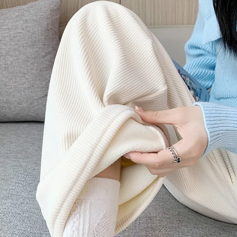 

Женские белые вельветовые широкие брюки с высокой талией на флисовой подкладке, пышная драпировка, утягивающие повседневные брюки для похудения на осень-зиму