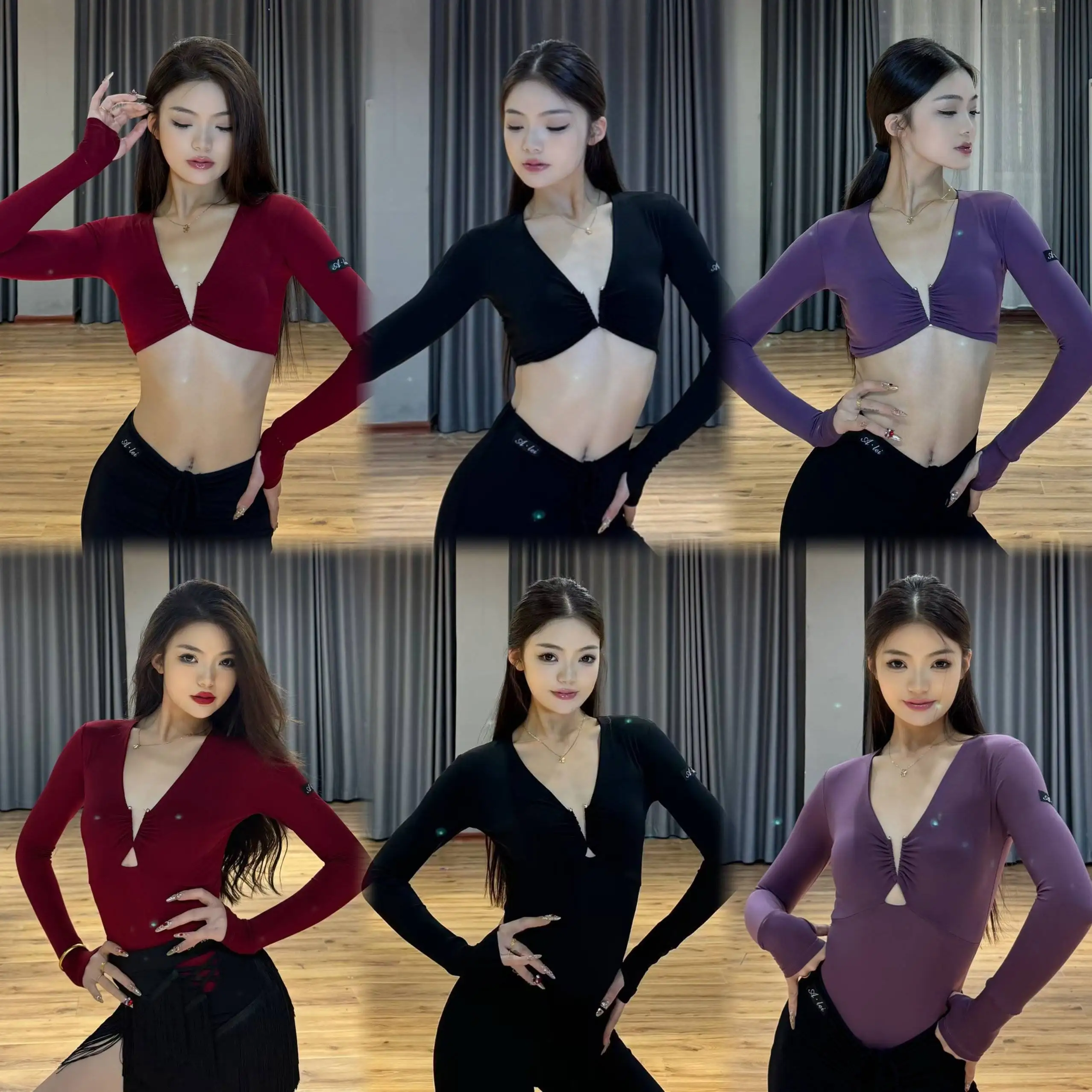 

Women's Latin Dance Tops Long Sleeves V Neck Blouse Bodysuit Adult Cha Cha Rumba Dance Practice Training Clothes Red Black Tops