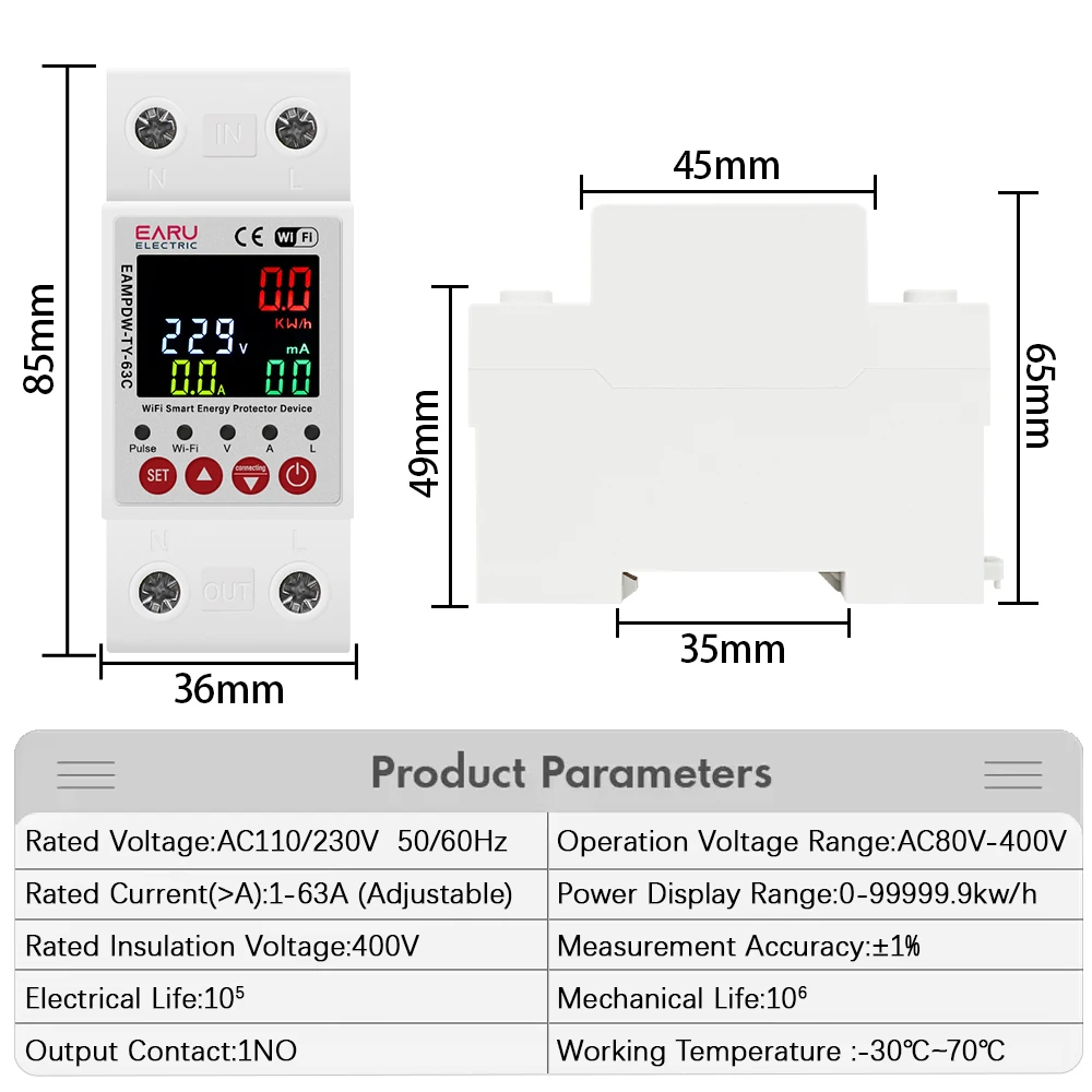 63A AC 230V Tuya WiFi Smart Energy Meter Power kWh Meter Earth Leakage Over Under Voltage Protector Relay Device Switch Breaker